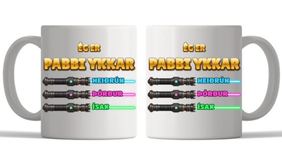 Ég er pabbi ykkar bolli með geislasverðum og nöfnum barnanna – Merkt.is